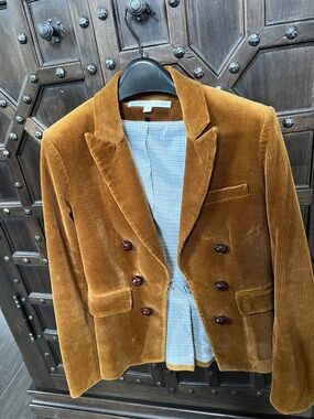 Veronica Beard Corduroy Double-Breasted Blazer in Mustard Brown